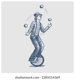 Juggler man circus on retro vintage old unicycle sketch obsolete blue style vector illustration. Old hand drawn azure engraving imitation.