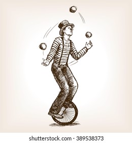 Juggler man on retro vintage old unicycle sketch style vector illustration. Old hand drawn engraving imitation. Juggler circus on a unicycle