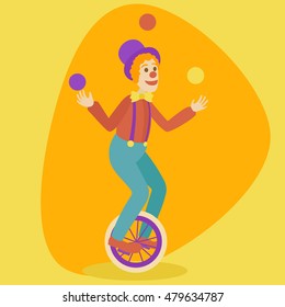 Juggler man on retro vintage old unicycle cartoon style vector illustration. Juggler circus on a unicycle