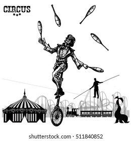 Juggler On A Unicycle. Hand Drawn Illustration.