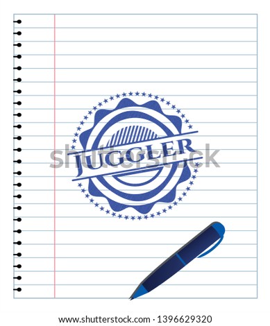 Juggler pen draw. Blue ink. Vector Illustration. Detailed.