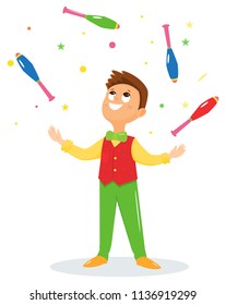 Juggler performs a circus trick.Artist throws up maces.Circus performer.Vector illustration. Cartoon flat style.