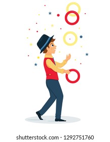 Juggler performs a circus trick.Artist throws up maces.Circus performer.Vector illustration. Cartoon flat style.