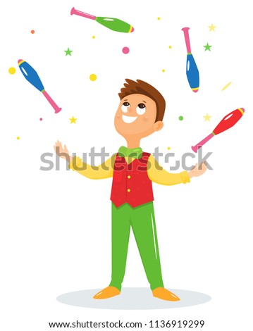 Juggler performs a circus trick.Artist throws up maces.Circus performer.Vector illustration. Cartoon flat style.