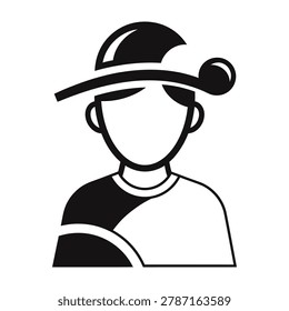 A juggler in a simple black and white illustration wearing a hat and shirt, performing a juggling act