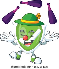 Juggling checkmark shield character on white background.
