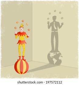 Juggling clown casting shadow of businessman in vector