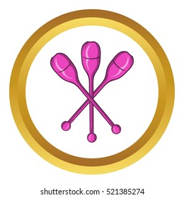 Juggling clubs vector icon in golden circle, cartoon style isolated on white background