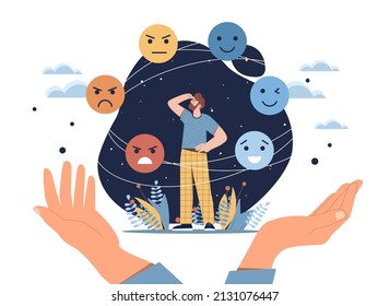 Juggling emotions concept. Man looks at starry sky, emotional intelligence and mood control. Mindfulness and psychology. Techniques and techniques for managing anger. Cartoon flat vector illustration - Shutterstock ID 2131076447