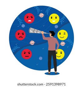 Juggling emotions concept. Man using a telescope to perceive various emotional expressions represented by smileys in a cosmic-themed setting. Flat vector modern illustration 