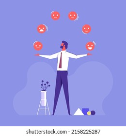 Juggling emotions control concept, businessman juggling emotions icons and mood control, mindfulness and psychology, techniques and techniques for managing anger