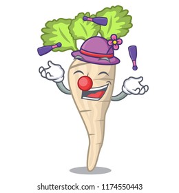 Juggling fresh organic parsnip vegetable cartoon style
