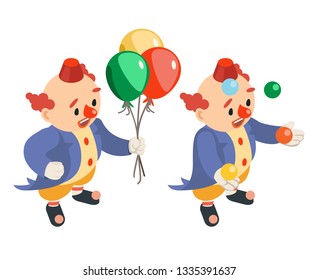 Juggling funny performance isometric circus balloons party fun carnival juggler clown character isolated icon 3d flat design vector illustration