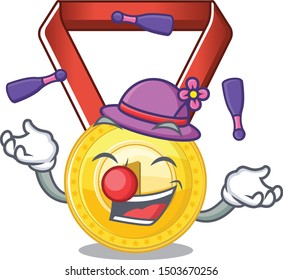 Juggling gold medal hung on cartoon wall