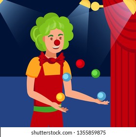 Juggling Harlequin Flat Color Vector Illustration. Young Man in Jester Outfit and Funny Wig Cartoon Character. Smiling Clown, Joker with Red Nose and Bow tie. Happy Juggler Stage Performance, Trick