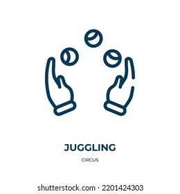 Juggling icon. Linear vector illustration from circus collection. Outline juggling icon vector. Thin line symbol for use on web and mobile apps, logo, print media.