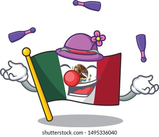 Juggling mexico flag fluttering on cartoon pole