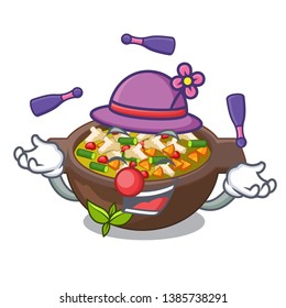 Juggling minestrone plate above the mascot table