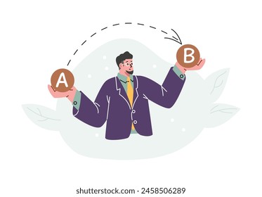 Juggling professor balancing A and B balls. Vector illustration for educational themes and learning concepts.