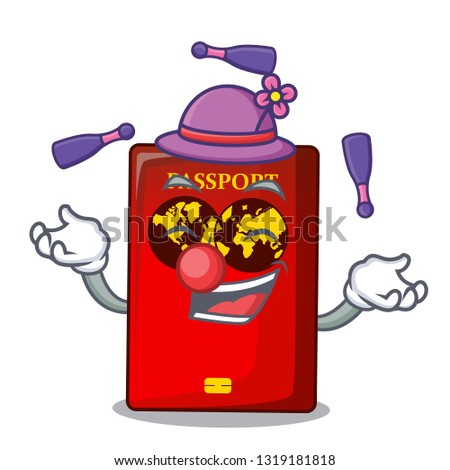 Juggling red passport isolated on with cartoon