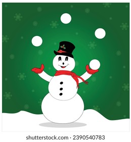 Juggling Snowman Over a Snowy Green Background