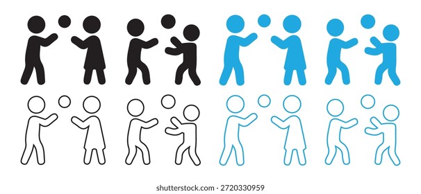 Conjunto de ícones de figuras do juggling Stick. Silhueta, Line-art, azul, preto, branco.