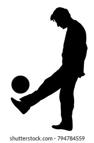 Juggling trick with ball vector silhouette illustration. Sportsman showing skills with ball. Street artist perform. Soccer player show. Football juggler playing with ball. Sport artist entertainment.