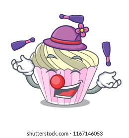 Juggling yummy meringue cake on mascot cartoon