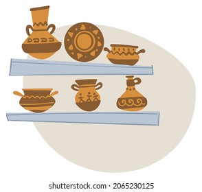 Jugs and plates from ancient civilizations, aztec culture and heritage. Kitchenware with symbols and ornaments of tribes. Museum exponents, artifacts made of gold material. Vector in flat style