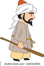 Juha walking, a man in old Arab clothes, an angry man holding a stick in his hand