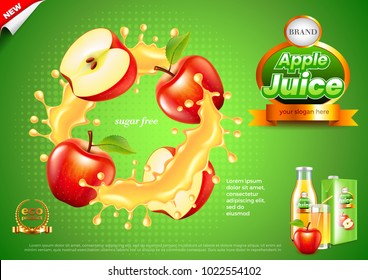 Juice ads. Apples in splashes. 3d illustration and packaging