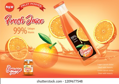 Juice ads. Bottle with orange slices and splashes.illustration and packaging