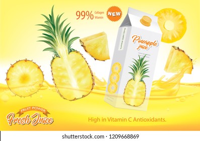 Juice ads. Bottle with pineapple slices and splashes. illustration and packaging