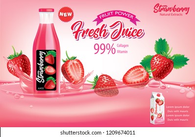 Juice ads. Bottle with strawberry slices and splashes. illustration and packaging