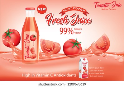 Juice ads. Bottle with tomato slices and splashes. 3d illustration and packaging