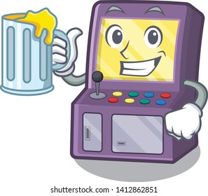 With juice arcade machine next to mascot table