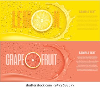 Safthintergrund mit Grapefruit, Zitronenscheibe, mit Spritzer und vielen Safttropfen