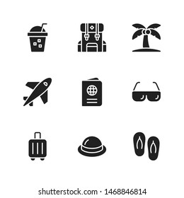 Juice, Backpack, Palm, Airplane, Passport, Glasses, Suitcase, Hat, Slipper Icon, Summer Travel Beach Holiday Glyph Icon Set Vector