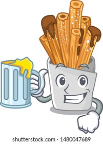 With juice bakery churros in mascot plastic bag