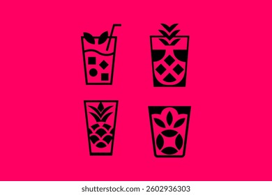 juice bar glass logo icon black silhouette vector set Beverage Silhouette.