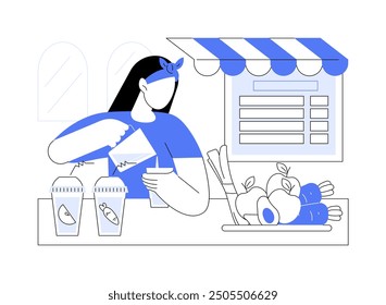 Juice bar owner isolated cartoon vector illustrations. Bar owner serves a glass of freshly squeezed juice to the client, small business, professional service, organic beverage vector cartoon.