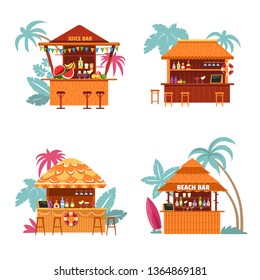 Juice bar and place to buy alcoholic beverage tropics style vector isolated set of bungalow for clients to drink tropical sweet cocktail palms trees and signs bottles and lifebuoy decor on counter.