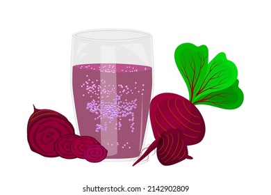 Juice of beet isolated on white background. Beet smoothie in glass with whole, half and slices beetroot. Freshly squeezed vegetable beet drink. Healthy vegetarian organic beverage. Vector illustration