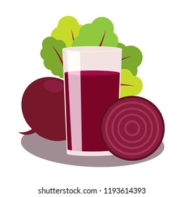 Juice Of Beet On White Background. Glass Of Drink. Vegetable Whole And Half. Root With Tops.  Vector Flat Illustration.