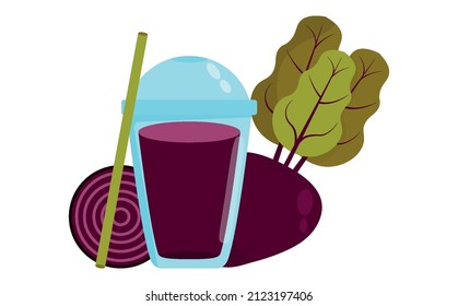 Jugo de remolacha con fondo blanco.vaso de bebida.Verduras enteras y medias.