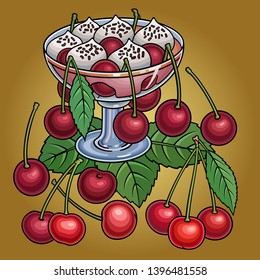 Juice, berries, cherries hand drawn vector doodles illustration. Nature and food elements and objects cartoon background. Bright colors funny picture