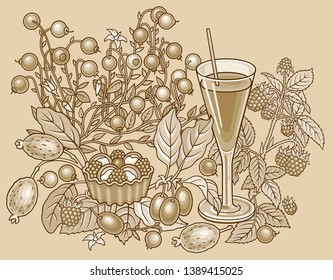 Juice, berries, sweets hand drawn vector doodles illustration. Nature and food elements and objects cartoon background. Bright colors funny picture