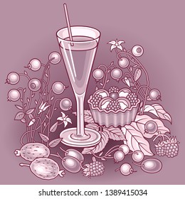 Juice, berries, sweets hand drawn vector doodles illustration. Nature and food elements and objects cartoon background. Bright colors funny picture