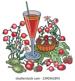 Juice, berries, sweets hand drawn vector doodles illustration. Nature and food elements and objects cartoon background. Bright colors funny picture