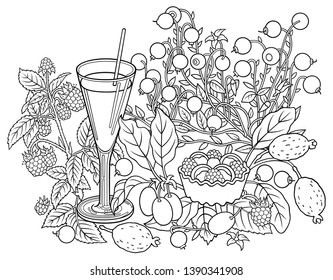 Juice, berries, sweets hand drawn vector doodles illustration. Nature and food elements and objects cartoon background. Sketchy funny picture